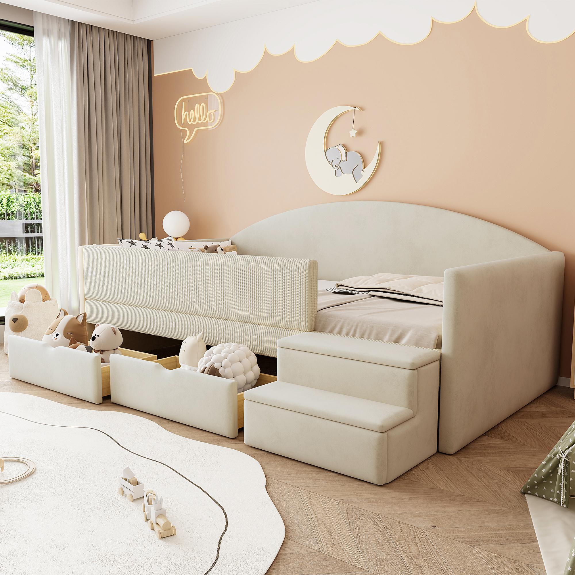 MODFU Kinderbett ohne Matratze 90×190 Bettgestell Multifunktionsbett mit 2 Schubladen und Zäunen,Schlafsofa mit Stufen aus Samtstoff,Beige