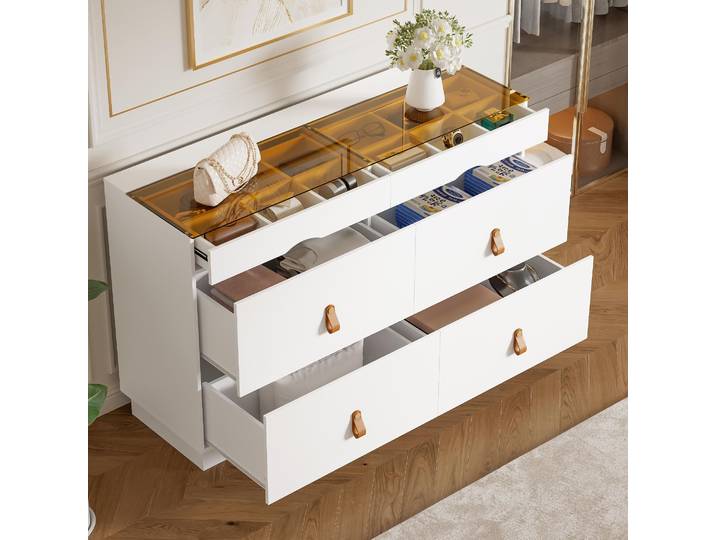 okwish Sideboard Schmuckkommode mit Glasplatte Kratzfest mit 6 Schubladen mit Facheinteilung Für Schlafzimmer Weiß