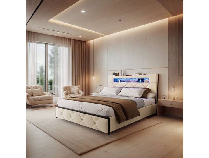 Lit coffre 140x200 - Lit double Rembourré 140x200 avec LED et USB - Lit 140x200 avec 4 tiroirs - 2 Personnes - sommier-Velours Beige