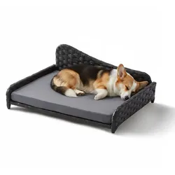 Relaxdays Hundebett Rattan mit Kissen Anthrazit,Grau