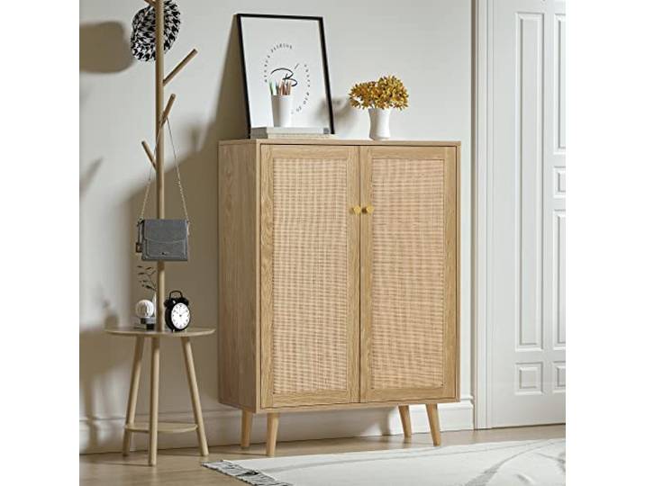 Skokliz Natur Rattan Küchenschrank, Sideboard mit 2 Türen, Buffetschrank für Küche Aufbewahrungsschrank Möbel, Konsolentisch Kaffeebarschrank TV-Ständer für Wohnzimmer, Esszimmer, Flur