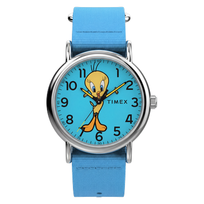 Quarzuhr TIMEX "Looney Tunes Tweety Bird Weekender", blau, blau, Armbanduhren, Herren, silberfarben, Quarzuhr, Armbanduhr, Herrenuhr, analog