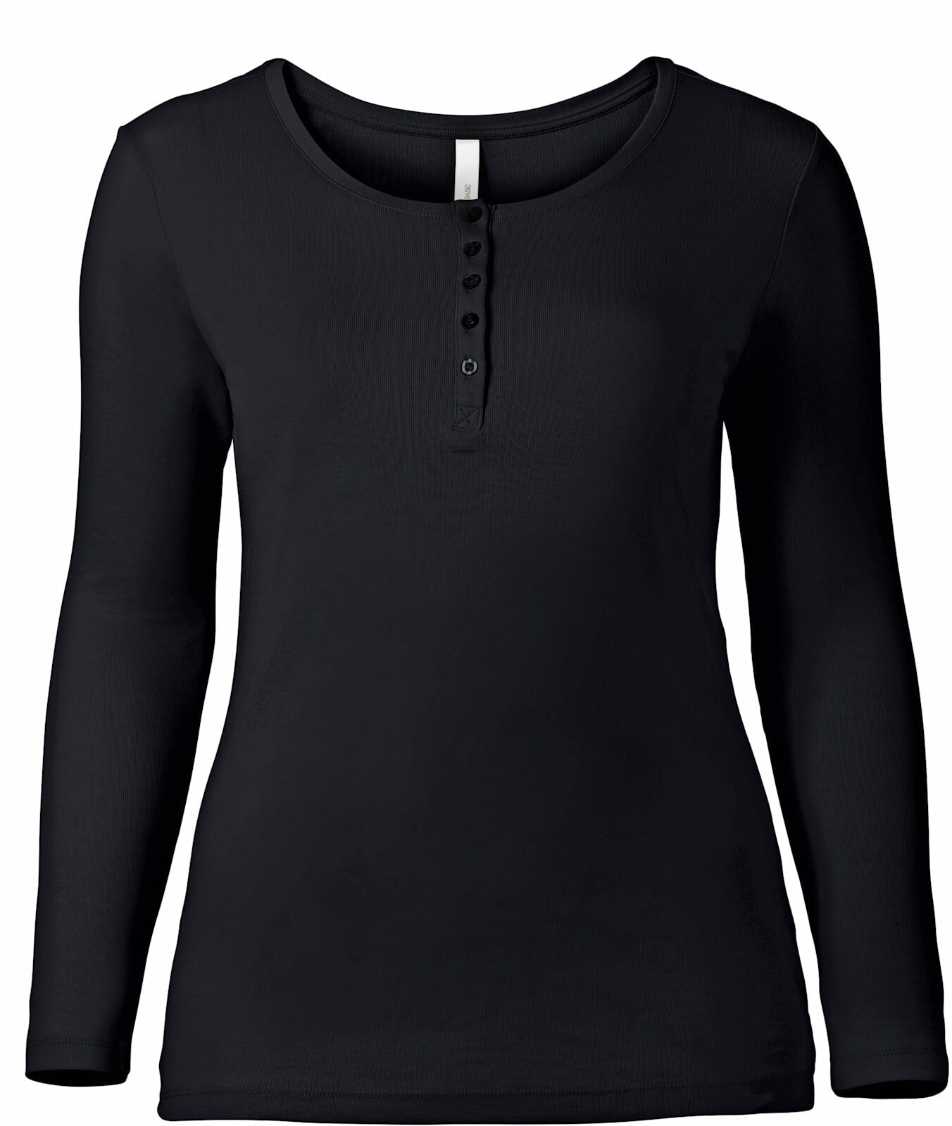 Langarmshirt SHEEGO "Langarmshirt", Damen, Gr. 44/46, schwarz, 100% Baumwolle, unifarben, Rundhals, Shirts Langarmshirt schwarz 44/46