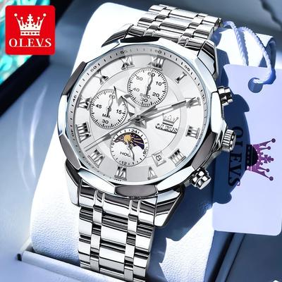 Uplifted Finds Olevs 3675 Mens Multifunction Chronograph Quartz Watch Moon Phase Design silver white