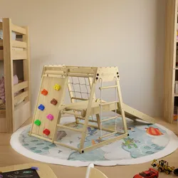 JUSKYS® Mini Klettergerüst für Kinder - Indoor Spielplatz mit Rutsche, Kletterwand & Turnringe Natur
