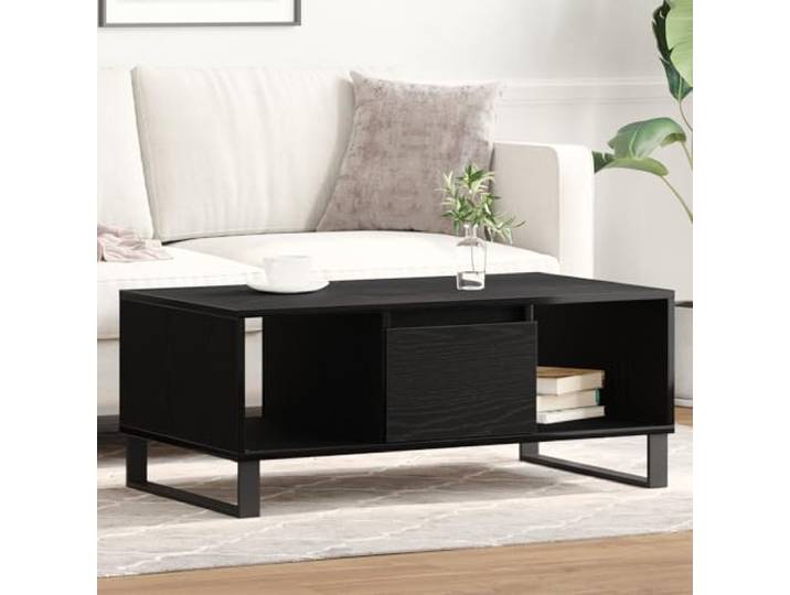 Couchtisch Schwarz Eiche 90x50x36,5 cm Holzwerkstoff mit großer Schublade und stabilen Metallbeinen - Moderner rechteckiger Wohnzimmertisch mit Stauraum für Zeitschriften