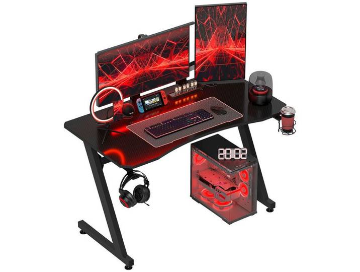 Bureau Gaming avec Support Casque et Porte-Gobelet Cadre Acier et Bois Noir