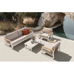 OUTFLEXX Loungegarnitur, 4-teilig, beige/weiß, Alu/Holzimitat, Tisch 110 x 60 cm, inkl. Kissen mit Reißverschluss