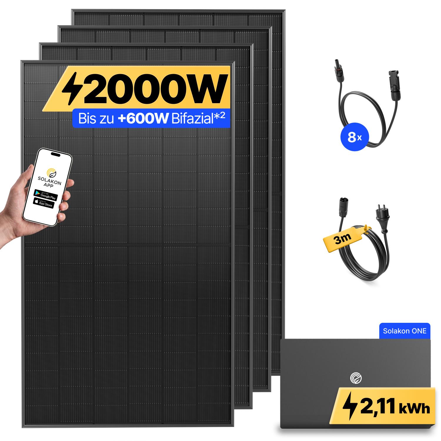 2000W Balkonkraftwerk mit Speicher Solakon ONE (2,11 kWh) Solaranlage Steckerfertig WIFI Komplettset Photovoltaik Anlage 800W, Kabellänge: 3m