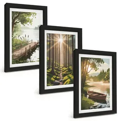 BILDER SET 3er Set - 20x30 cm Schwarzer Rahmen - Landschaft aus Wald, See und Boot