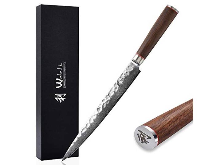 Wakoli Nussbaum Damastmesser Sashimi, 25 cm Klinge aus 67 Lagen Damaststahl Fischmesser & Sushimesser mit VG10-Kern, Hammerschlag & Nussbaumholzgriff; 15° V-Schliff je Seite, 60±2 HRC, mit Geschenkbox.