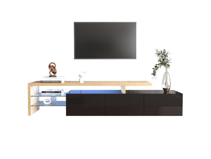 Flieks Tv-Schrank Modern Hochglanzschwarz Holzoptik Glasböden LED-Beleuchtung, Schwarz, 48x22x64 cm, Wohnzimmer, TV Möbel, Lowboards, Lowboards stehend