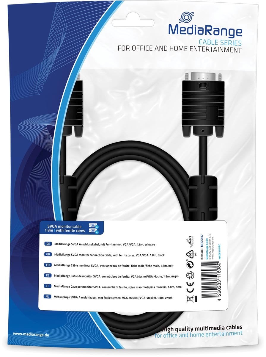 MediaRange SVGA Monitorkabel, VGA/VGA, 1,8 m, zwart