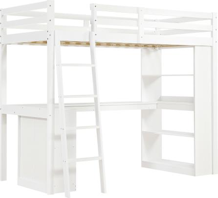 Hochbett 90x200cm Kinderbett ohne Matratze Ablageregal Sicherheitsgelaender Filztuch stabile Schraegleiter Kiefer Spanplatte Sperrholz Weiss Einzelbett