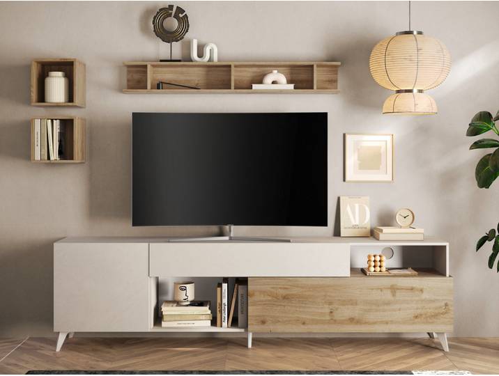 Meuble tv Monaco gris clair/chene - Basika