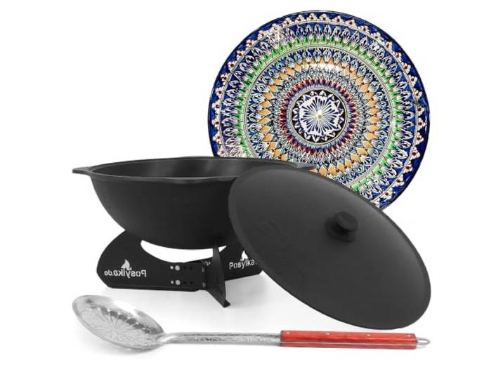 ZARENHOFF Kazan Gusseisen 22 L - Lagan 42 cm Schaumlöffel runder Boden Authentisches usbekisches Kasan-Set (22 L) stabilem Untergestell, Schaumlöffel und Rischtan-Lagan (42 cm)
