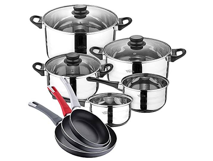 Pierre Cardin Toledo 8-teiliges Kochgeschirr-Set aus Edelstahl mit Pfannen-Set (18/20/24 cm) aus gepresstem Aluminium
