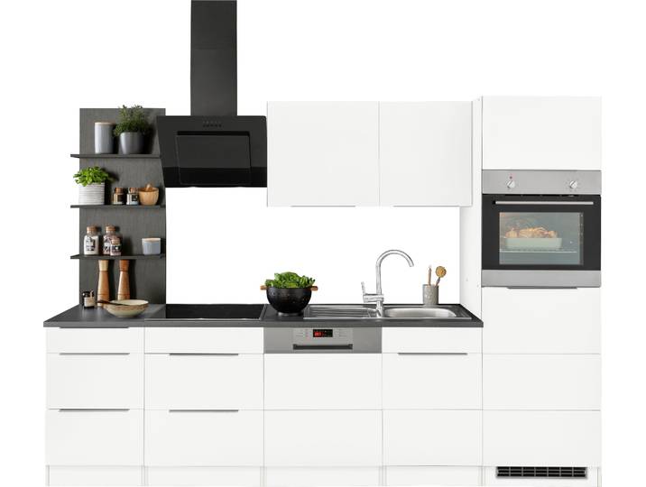 Küchenzeile, MDF, Weiß Hochglanz, 280×200×60 cm, Mit Regal, Modern, Kochstation