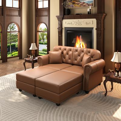 "GDFStudio - 63"" Mid-Century Modern Chesterfield 2-Seater Sofa with Rolled Arms, Nailhead Trim, 2 Ottomans & 2 Pillows"