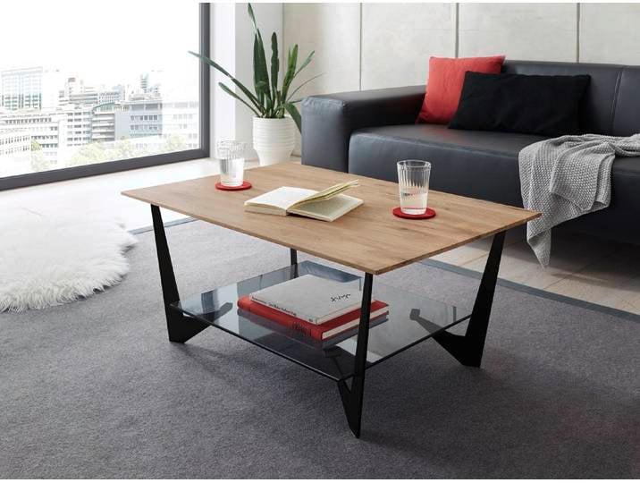Couchtisch Leon mit Glasablageplatte , 90x60 , Eiche massiv
