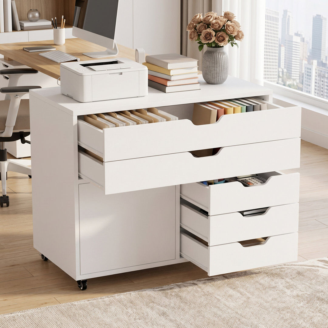 Brayden Studio 77 cm W 5 -Drawer - Drawer Wheels / Casters included Mobile Filing Cabinet White 64cm H X 77cm W X 40cm D