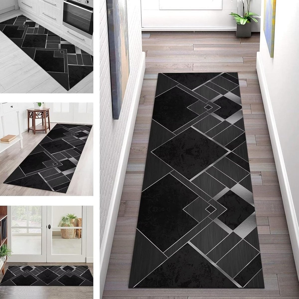Antislip Vloerkleed Runner Vintage Zwart Grijs van Polyester voor Keuken, Hal of Woonkamer