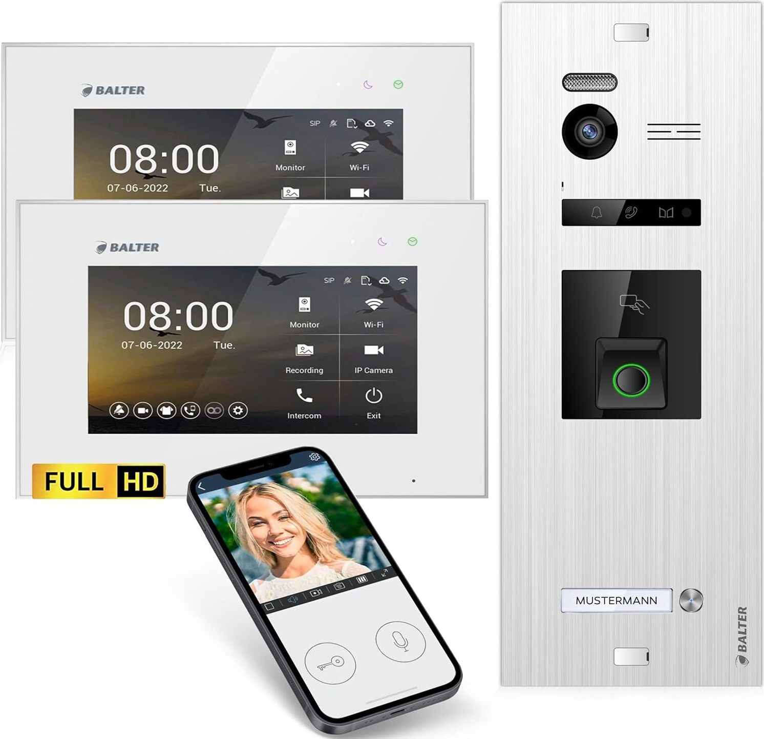 Balter EVO-HD Video Türsprechanlage mit Fingerprint, Video Türklingel, Smartphone App, 1 Familienhaus, 2x7 Zoll Monitore, 2 Draht Bus, 175° Weitwinkel