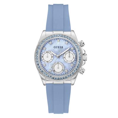 Multifunktionsuhr GUESS "VICTORIA", blau, silberfarben, blau, Armbanduhren, Damen, silberfarben, Quarzuhr, Armbanduhr, Damenuhr, Silikonarmband, analog, Wochentag, Tag