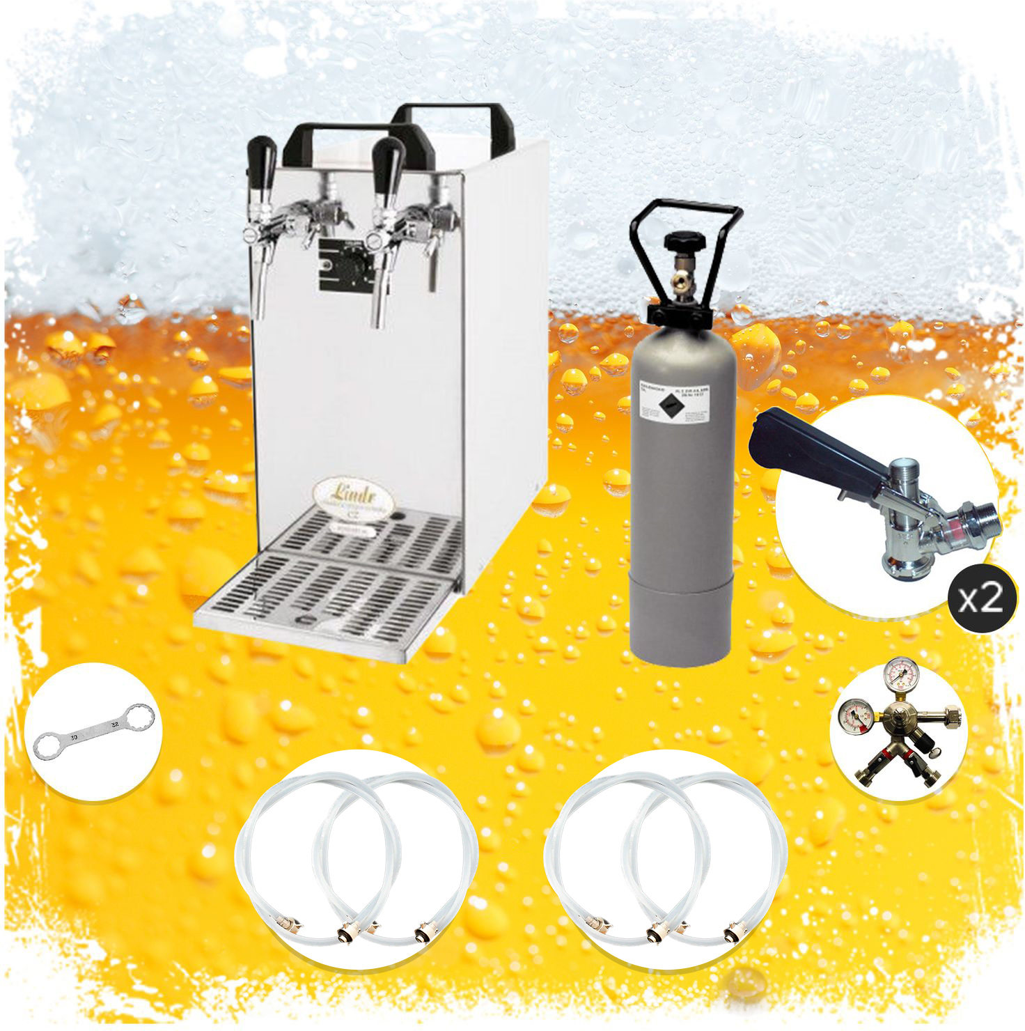 Komplett Set - Zapfanlage, Bierzapfanlage - Kontakt 40 2-leitig Trockenkühler, Durchlaufkühler 50 Liter/h, Green Line, Zapfkopf:Dreikant,Zapfkopf 2:5 Liter Adapter