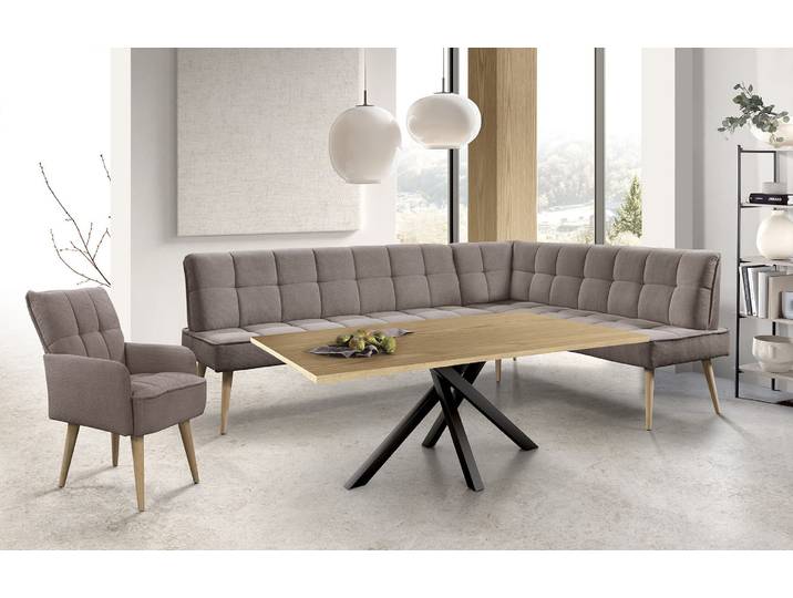 Eckbank EXXPO - SOFA FASHION Latte , latte, B:254cm H:95cm T:196cm, 94% PES, 6% NY, Sitzbänke, Eckbank, moderne Sitz- und Rückensteppung, bequem und elegant, hoher Holzfuss