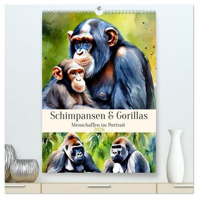 Schimpansen & Gorillas (hochwertiger Premium Wandkalender 2026 DIN A2 hoch), Kunstdruck in Hochglanz