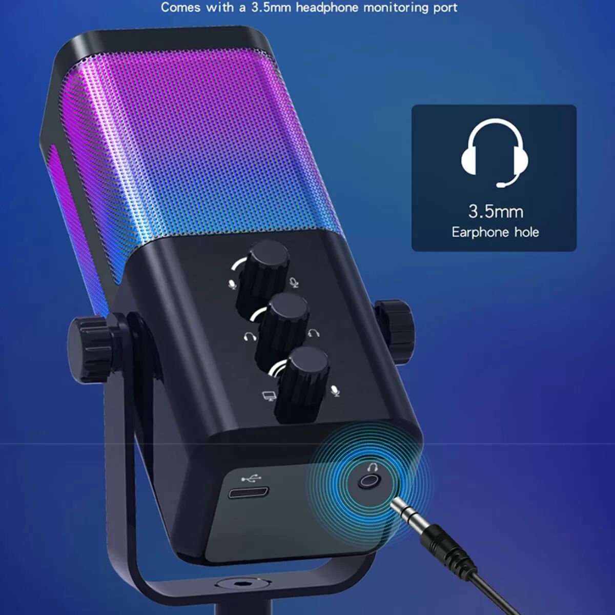 INF USB Gaming Kondensatormikrofon mit Boom-Arm, RGB-Beleuchtung, Plug-and-Play für PC und Telefon, 3.5mm Kopfhörerüberwachung, Schwarz