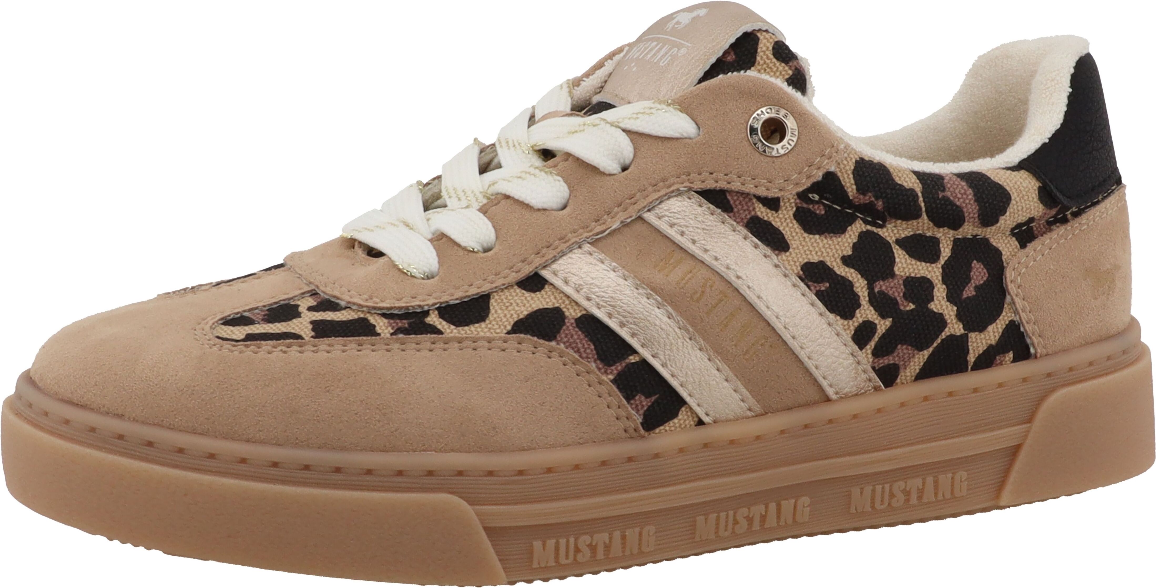 Plateausneaker MUSTANG SHOES "Rhonda", Damen, Gr. 40, Textil, beige (natur, leo), Lederimitat, Textil, Schuhe Plateausneaker, Freizeitschuh, Halbschuh, Schnürschuh mit modischen Kontrastbesätzen natur, leo 40, Textil
