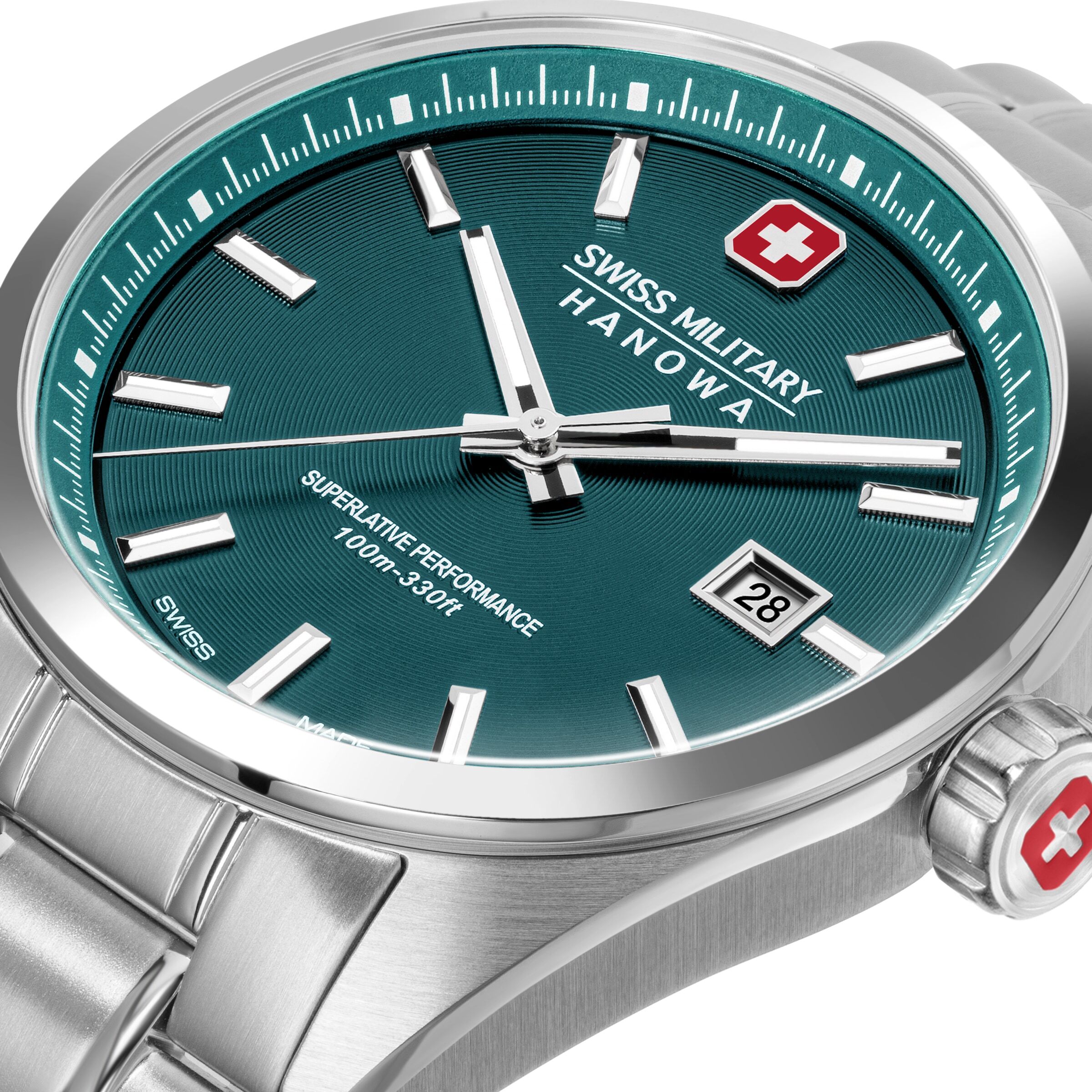 Quarzuhr "Pioneer", blau (silberfarben, grün, grün), SWISS MILITARY HANOWA, Armbanduhren, Herren, silberfarben, Quarzuhr, Armbanduhr, Herrenuhr, Swiss Made, Edelstahlarmband, analog