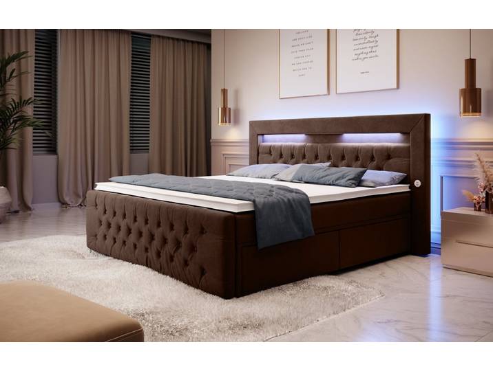 Boxspringbett Sunshine mit indirekter Beleuchtung, USB und Stauraum - 200x200 - Braun - H4 (100kg+) - Luxusbetten24