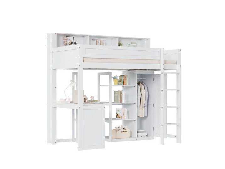 Lit superpose 204x121x191 cm Blanc Bois massif avec bureau armoire et etageres
