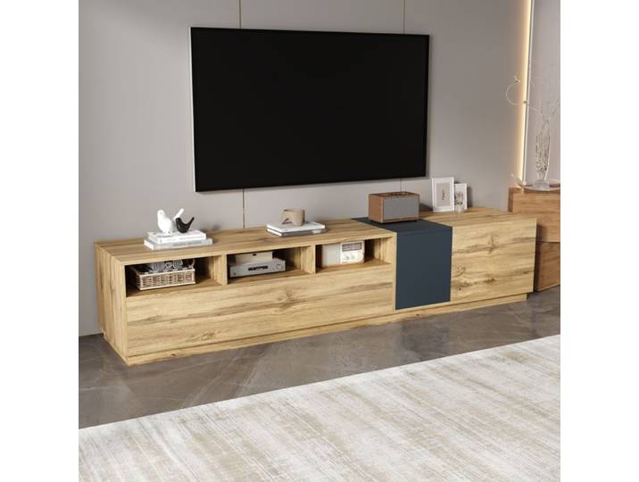 Meuble TV contemporain avec plateau en bois design contrasté avec plusieurs compartiments intégrés et connexions de câbles 200 cm