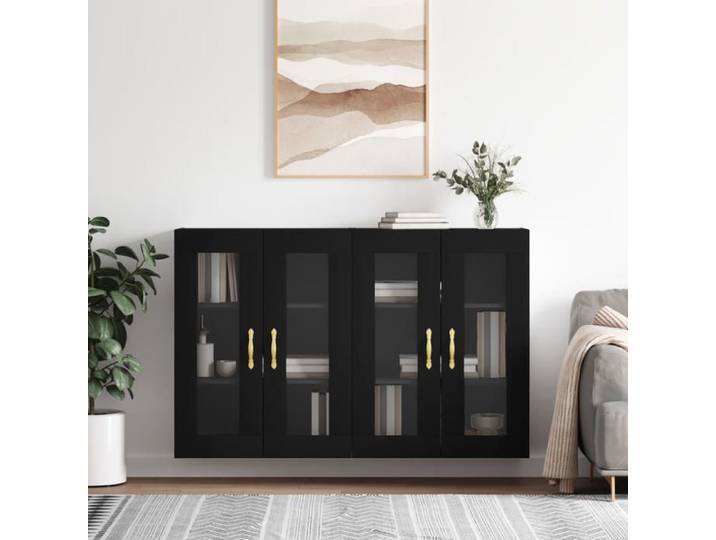 Armoires murales 2 pièces design polyvalent Cadre durable pour cuisine noir bois d'ingénierie hkx46c
