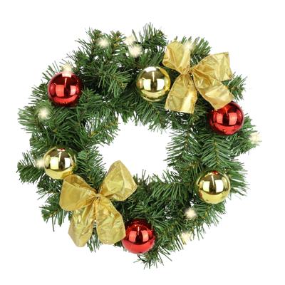 Kunstkranz I.GE.A. "LED-Weihnachtskranz dekoriert", grün (rot, gold), B:30cm H:10cm L:30cm, Kunststoff, Kunstpflanzen, Kranz mit Kugeln Schleifen Beleuchtung Tannenkranz