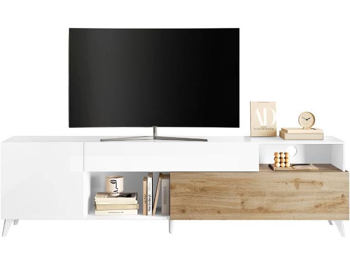 Lowboard HOME AFFAIRE Monaco in Breite 241 cm, TV-Schrank mit Tür, Klappe und Schubkasten , weiß (weiß hochglanz lack, eiche cadiz nb), B:241cm H:67cm T:42cm, Sideboards, Lowboard, Mediaboard – sanft schließend, edel, mit Kabelkanal, spürbar geräumig