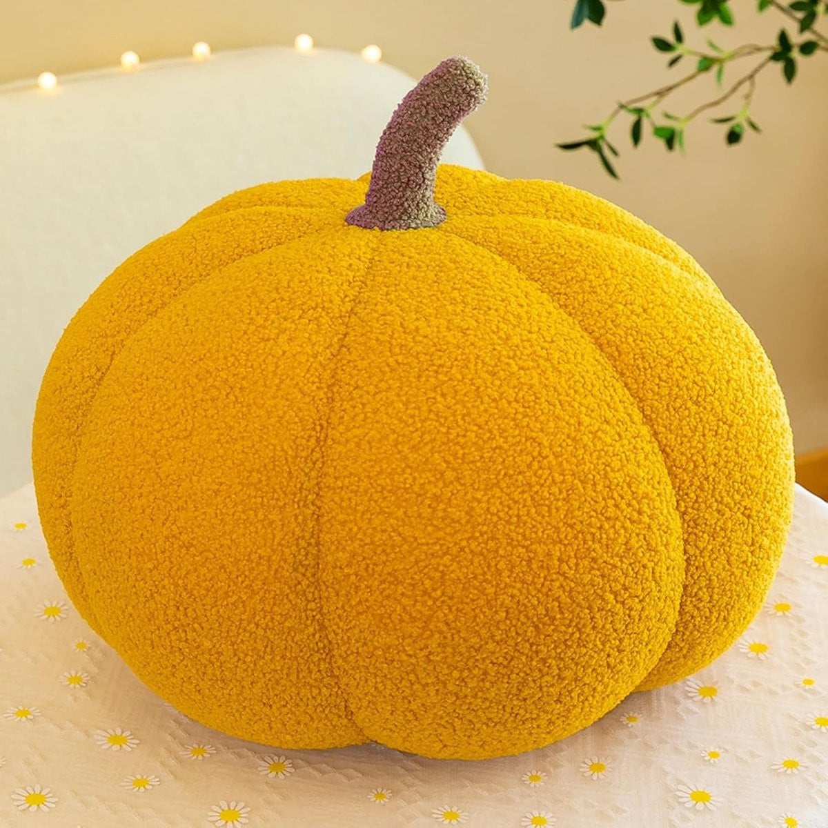 Geel Pluche Pompoen Kussen, 3D Decoratief Kussen voor Halloween en Thanksgiving, 20 cm