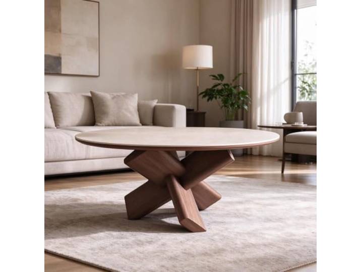 Runder Couchtisch in Travertinoptik mit gekreuzten Massivholzbeinen Verstärkte Sintersteinplatte, gekreuzte Holzbeine, schlichtes Design für Wohnzimmer und Teebereich