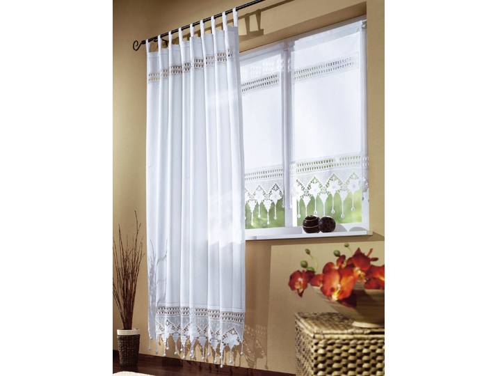 Handgefertigte Fensterdekoration aus 100% Baumwolle, Weiss, Größe 395 (Seitenschal, H180xB120 cm)