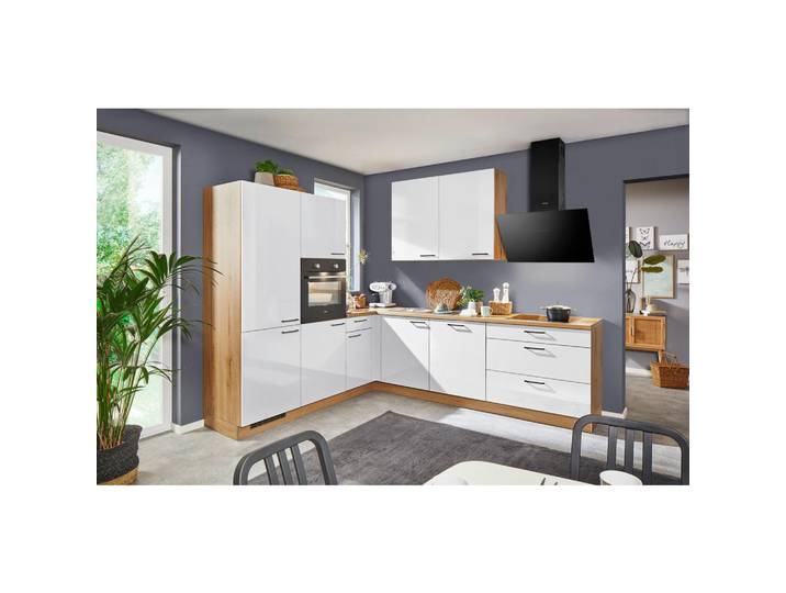 Express Eckküche Star, Eiche, Weiß Hochglanz, nur wie online abgebildet bestellbar, 275x245 cm, Made in Germany, seitenverkehrt erhältlich, vormontierter Korpus, Küchen, Eckküchen, Eckküchen ohne Geräte