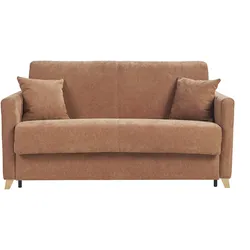 Schlafsofa 3-Sitzer in Samtoptik Stoff gebrannte Erde und helles Holz mit 18 cm Matratze SKANDY