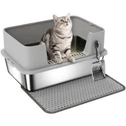 PawHut Katzentoilette Edelstahl Offene Katzenklo mit Schaufel hohem Rand Matte Grau