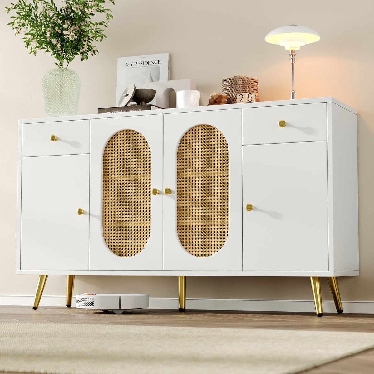 Zubaliya Modern Sideboard Dressoir Wit en Naturel - B/D/H: 140 x 35 x 82 cm