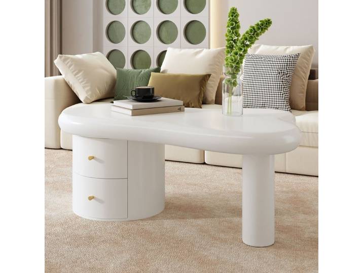 Table basse blanche organique avec 2 tiroirs discrets en MDF