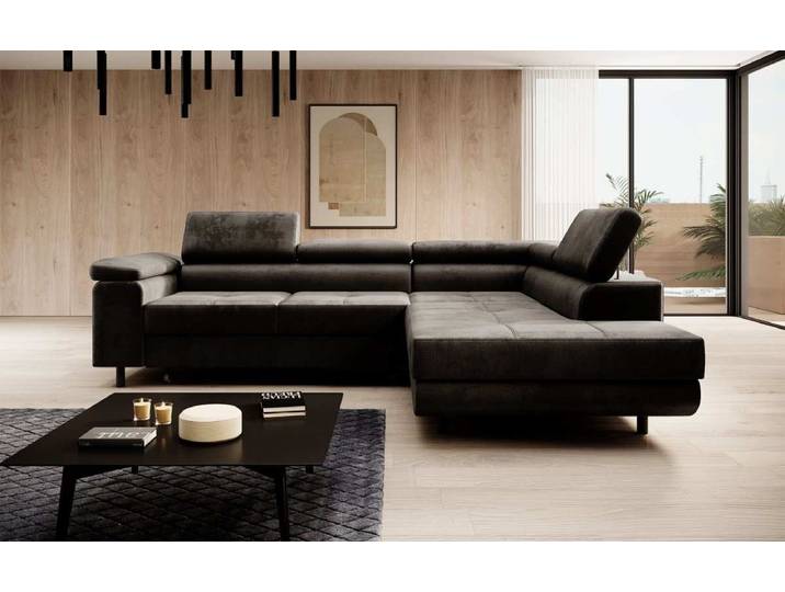 Designer Ecksofa Costa mit Schlaf- und Klappfunktion aus Samt - Dunkelbraun - Rechts - Luxusbetten24