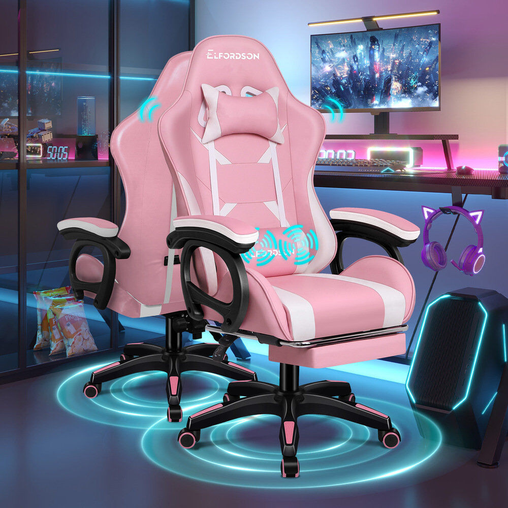 Metro Lane Gaming Chair with Headrest Pink/White 65cm W X 88cm D